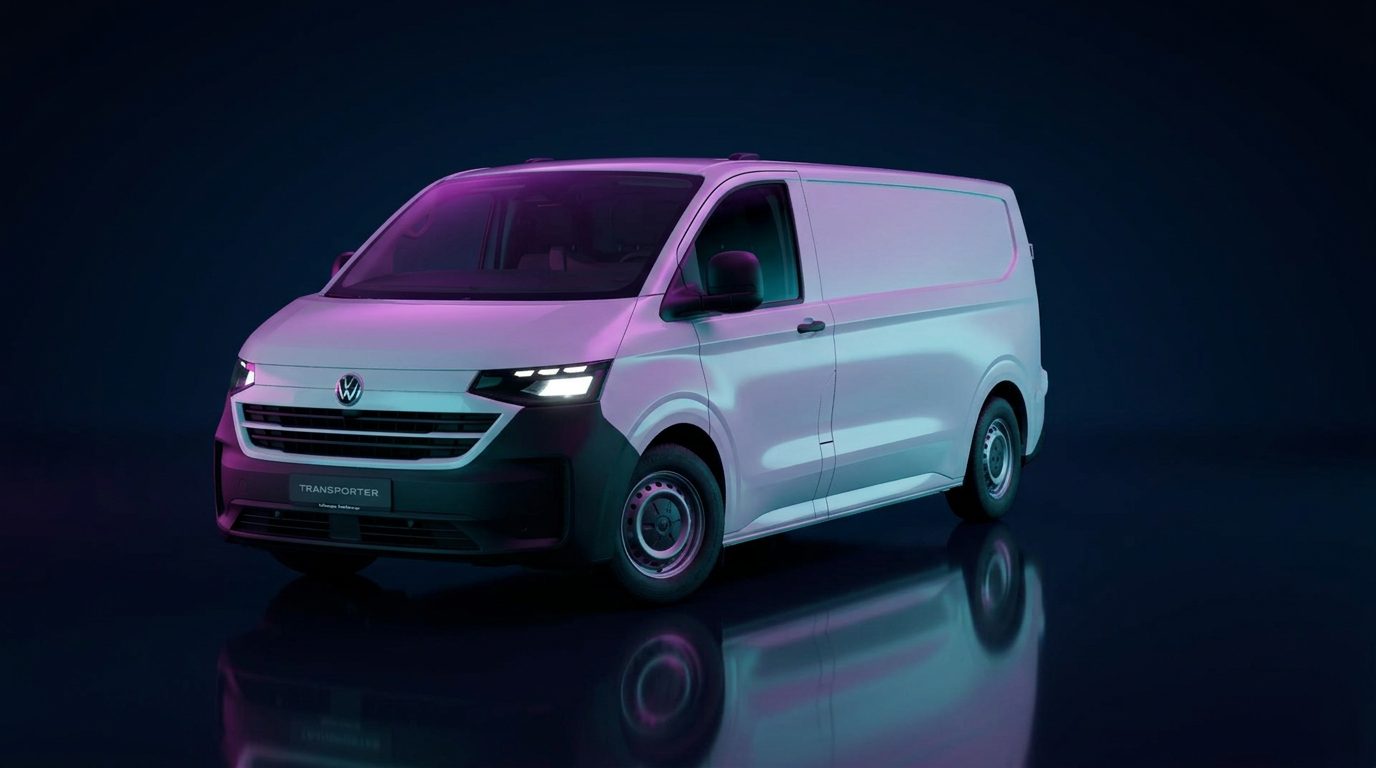 Biały Volkswagen Transporter w ciemnym studiu PanelWrap — folia reklamowa na pojazdy firmowe